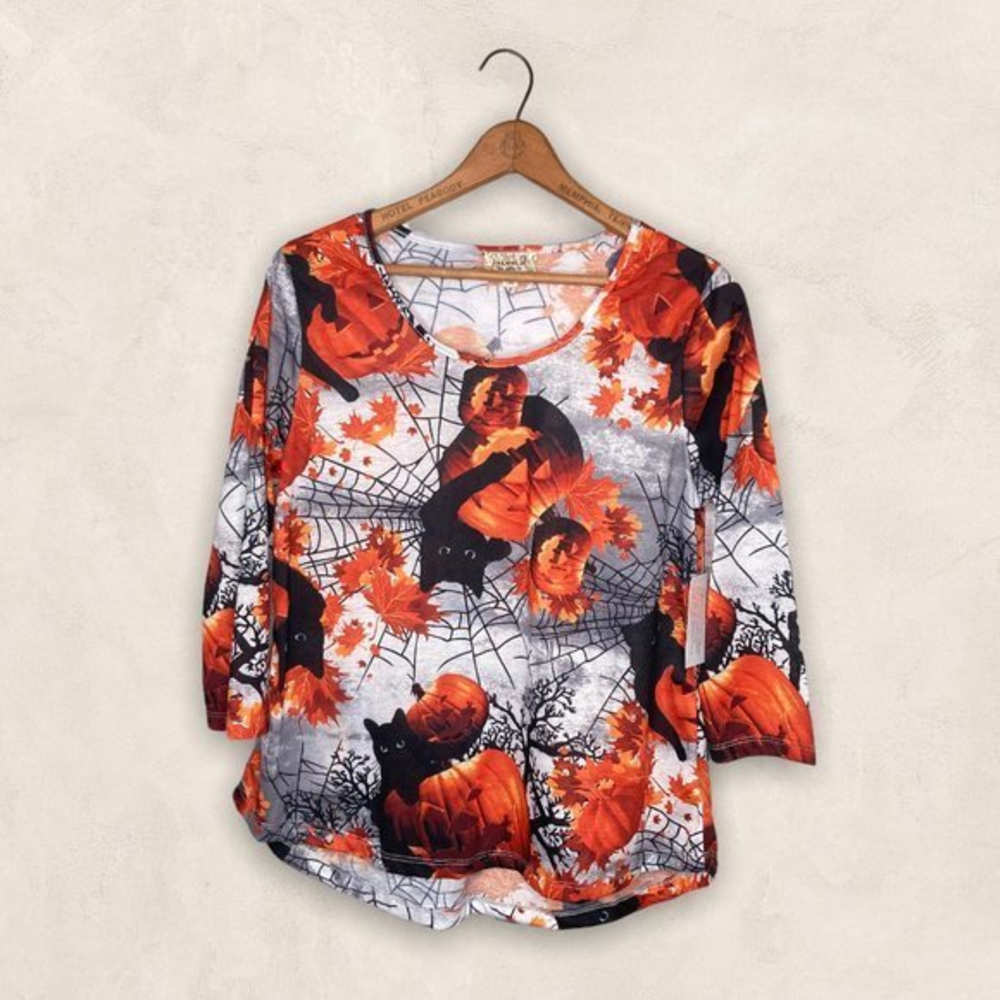 New One World Small S‎ Black Cat Pumpkin Halloween Fall Spooky Hi Low Top Shirt